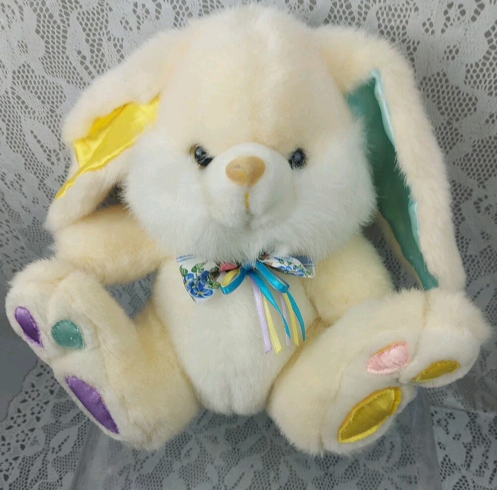 Kids Of America Bunny Plush Rabbit Yellow White Pink Satin Easter 9" Stuffed Toy